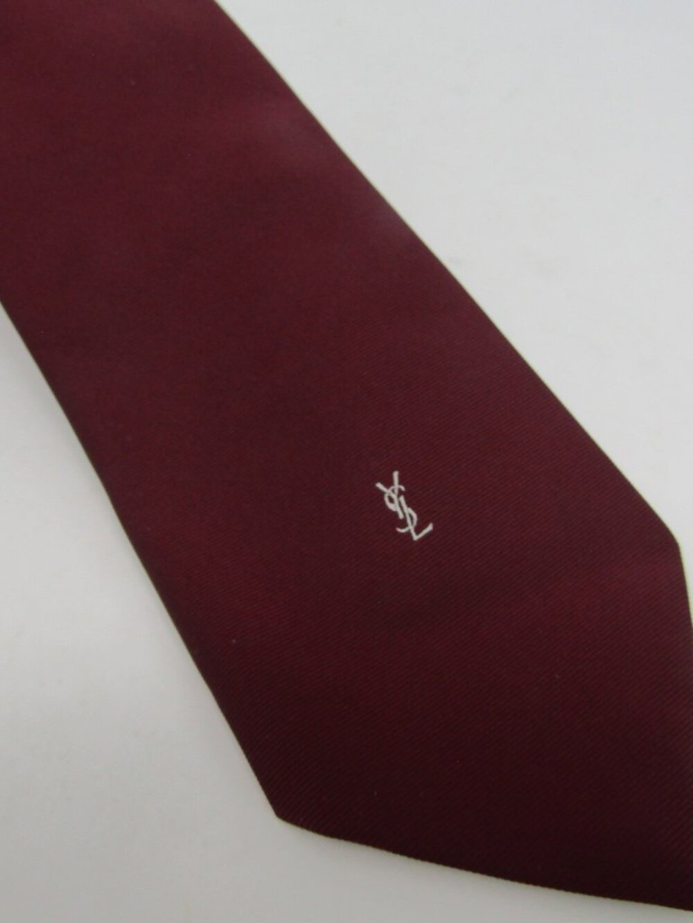 Vintage Yves Saint Laurent Burgundy Silk Tie Embroidered YSL Monogram Logo Red